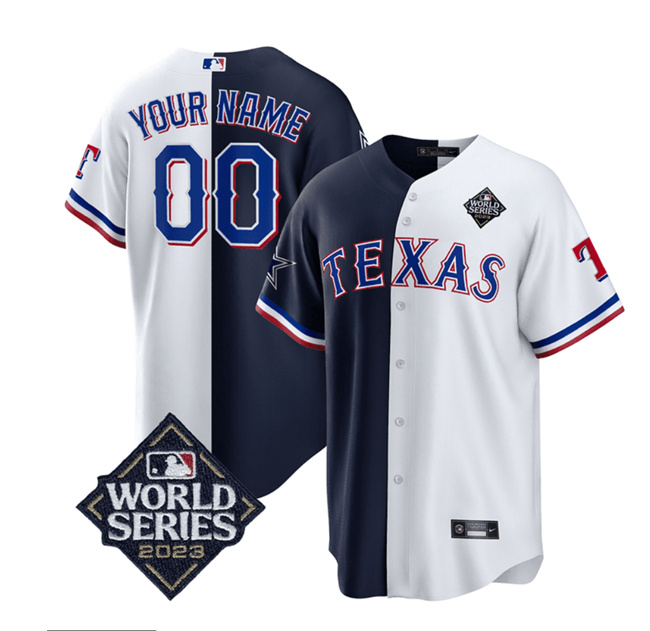 Men's Texas Rangers & Cowboys Active Player Custom Navy/White Splite 2023 World Series Splite Stitched Baseball Jersey